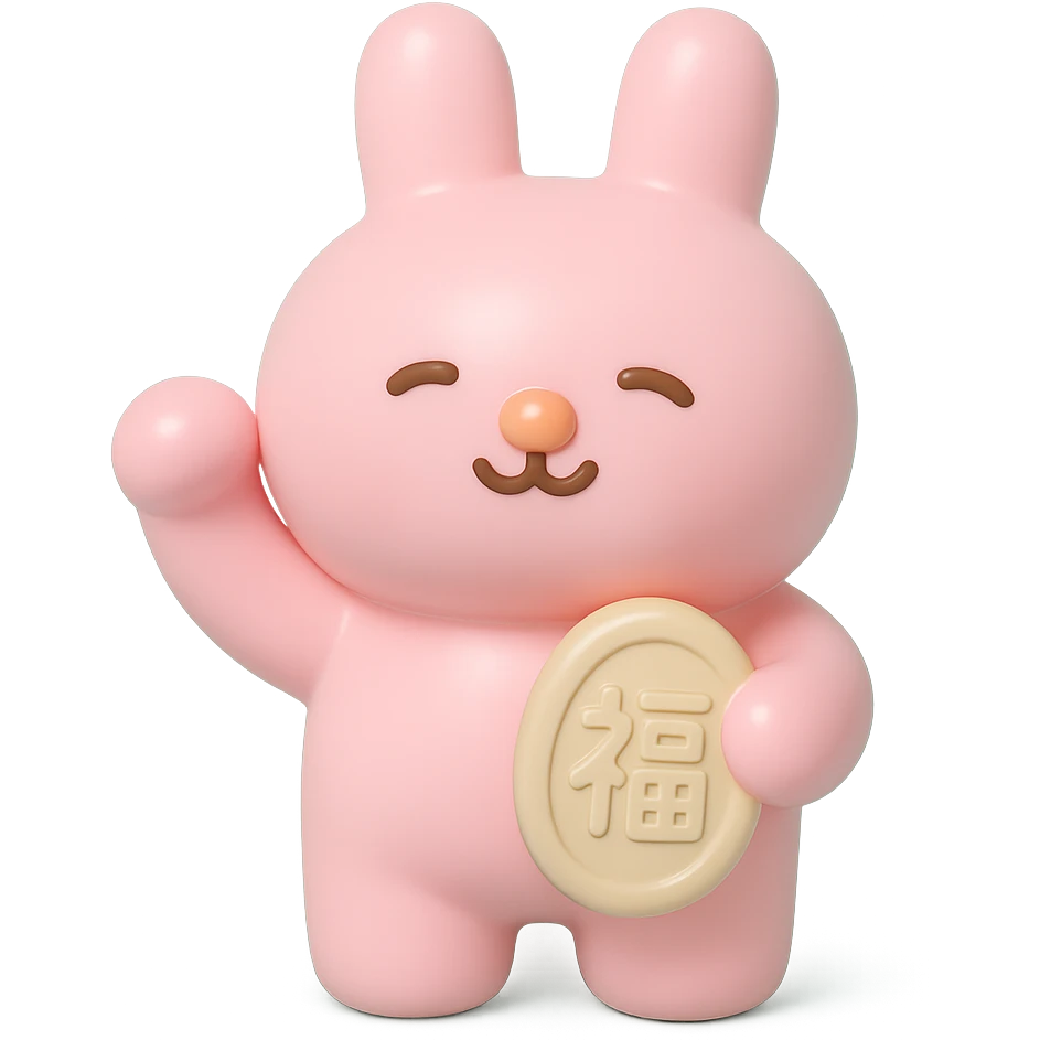 pink bunny holding lucky charm and pumping fist, vinyl figure style emoji