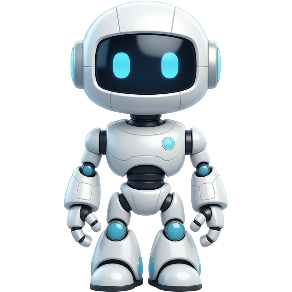 Glossy 3D rendered kind and friendly robot emoji with full body, front-facing, warm gentle expression, slightly rounded edges, soft shading, white background emoji