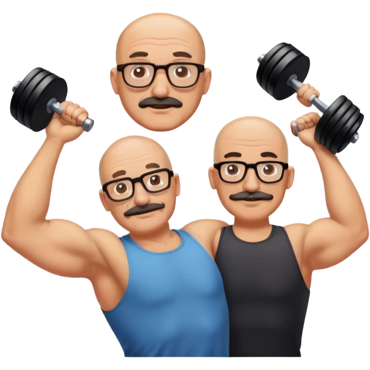 Bald man with glasses and mustache training another man lifting weights emoji