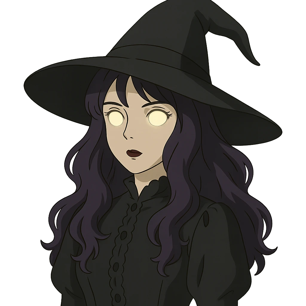 gothic woman with purple hair, witchy touch, wearing a witch hat and glowing eyes, ghibli style emoji
