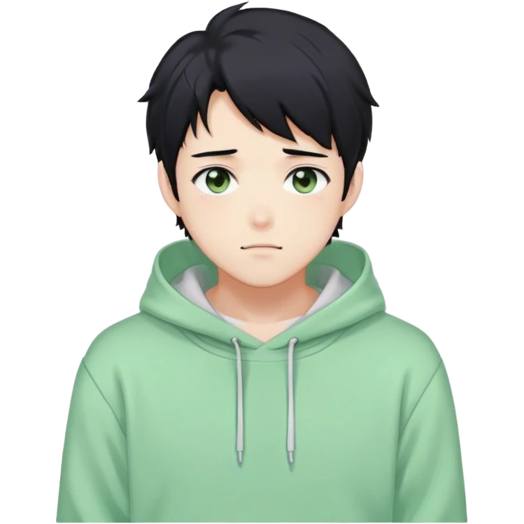 Gorgeous pastel green sweater black hair anime style shojo guy with blushing face and, hoodie, aesthetic, young adult, trending style, outside, vedal987 emoji