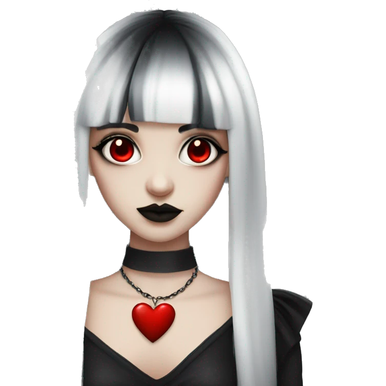 goth girl with long black hair with fringe haircut and red eyes with white skin and goth clothing with red heart necklace emoji