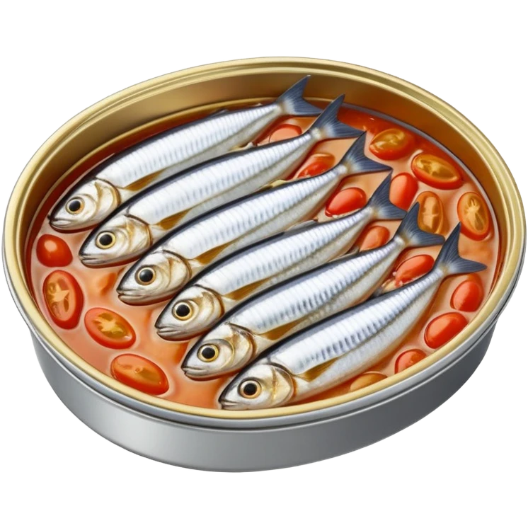 open oval tin showing tightly packed whole sardines in shiny silver skin, slightly overlapping and nestled in golden oil or tomato sauce, clean outlines, glossy preserved texture, no fork, garnish, or label, just the open tin and contents, soft lighting, subtle shadows, emoji scale emoji