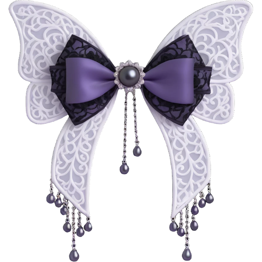 gothic bow, white velvet, silver filigree, black lace trim, black rose center, dark pearl accents, silver chain fringe emoji