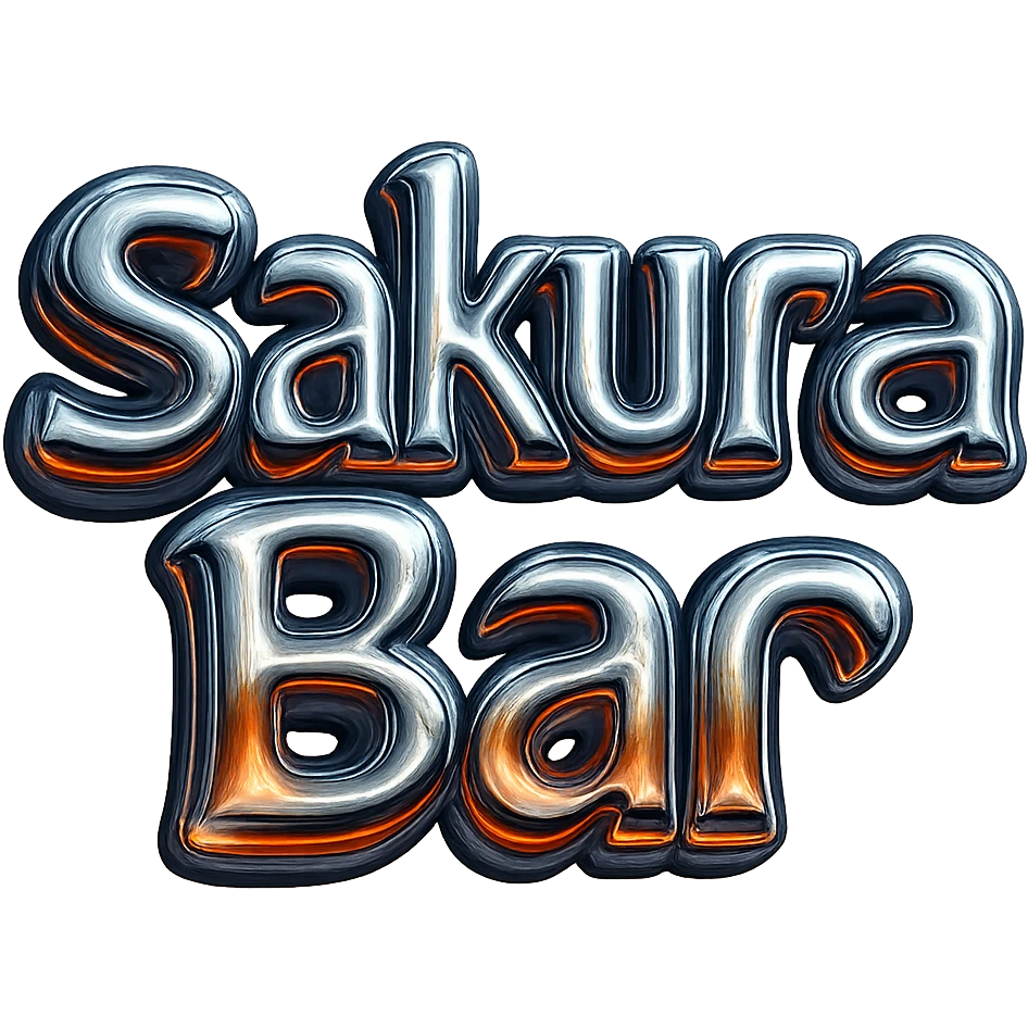 Make the 'Sakura Bar' bubble letters font more Y2K style—futuristic, metallic, shiny, with playful curves and a retro 2000s vibe, keep orange and red colors. The style should reflect a glossy, metallic, and futuristic look typical of early 2000s design aesthetics. emoji