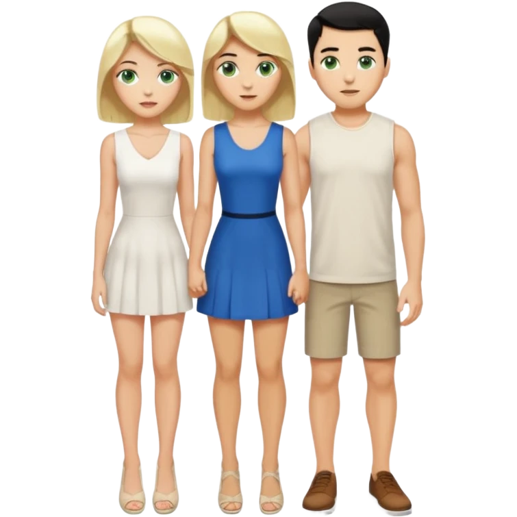 King, black hair, body, legst, blue eyes, shoes, woman blonde hair, green eyes, sexy white short sleveless dress, shoes emoji