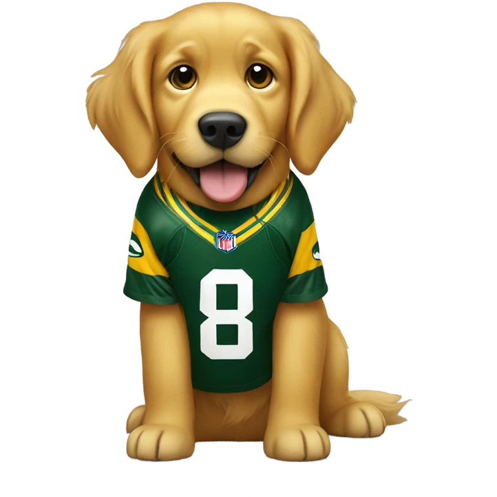 Golden retriever wearing Green Bay packers jersey emoji