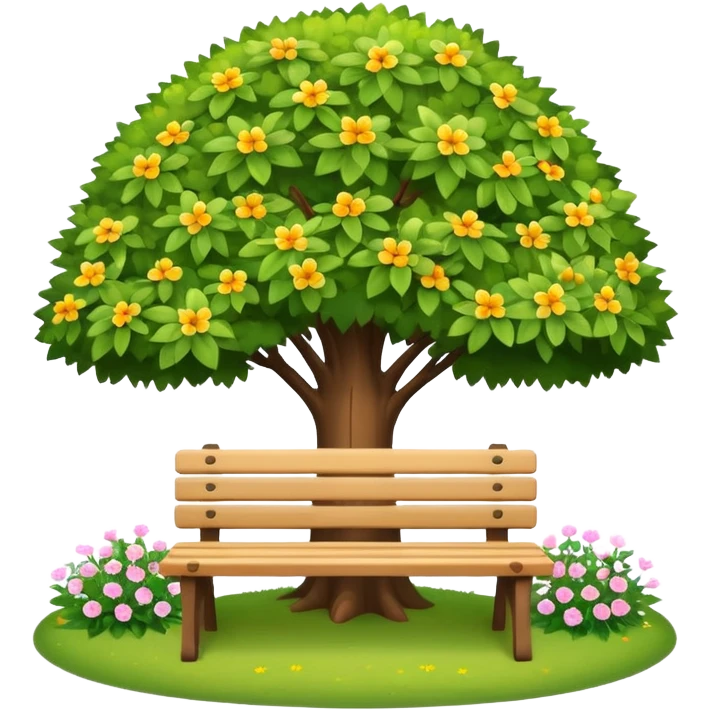 bright bench beneath a tree, surrounded by small flowers, clean and friendly emoji