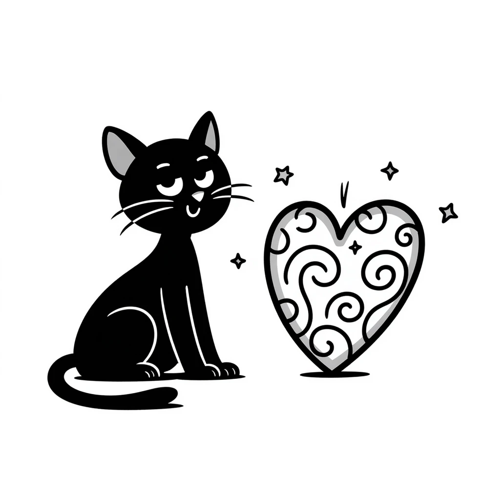 hand drawn cat and heart with stars and swirls, doodle style emoji