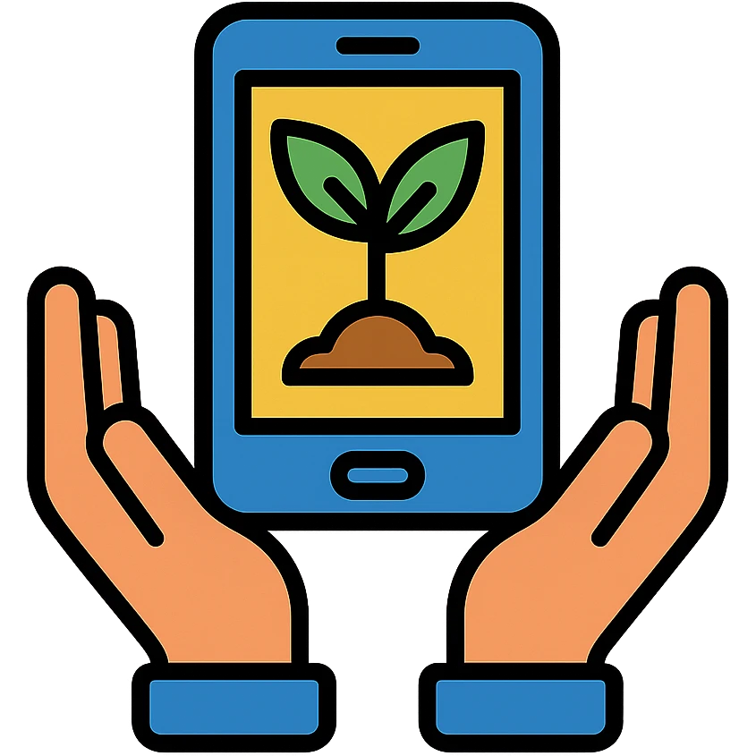 hands holding a sprouting plant growing from a smartphone, representing an ebook as a digital seed, iconic, clean, modern style emoji