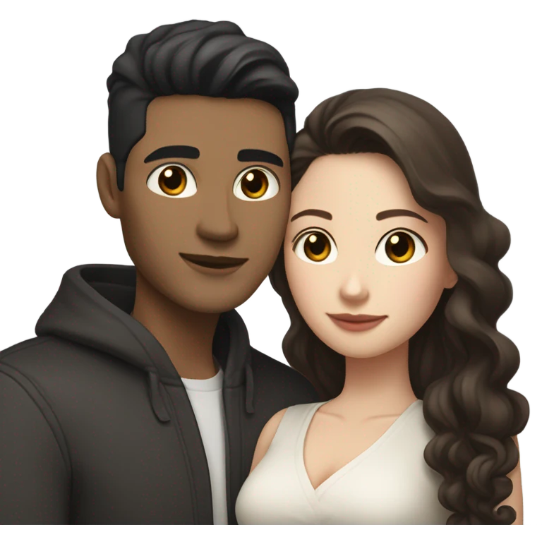 A pale half Asian man with short dark hair and amber eyes embracing and loving a white woman with long wavy brunette hair and dark hazel eyes. They love each other a lot And have good fashion taste and are hugging each other tight  emoji