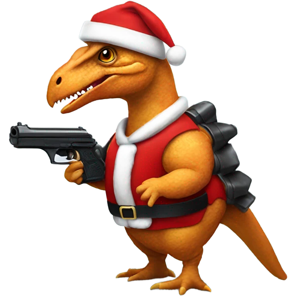 Dinosaur chicken nugget wearing Santa suit holding a gun emoji