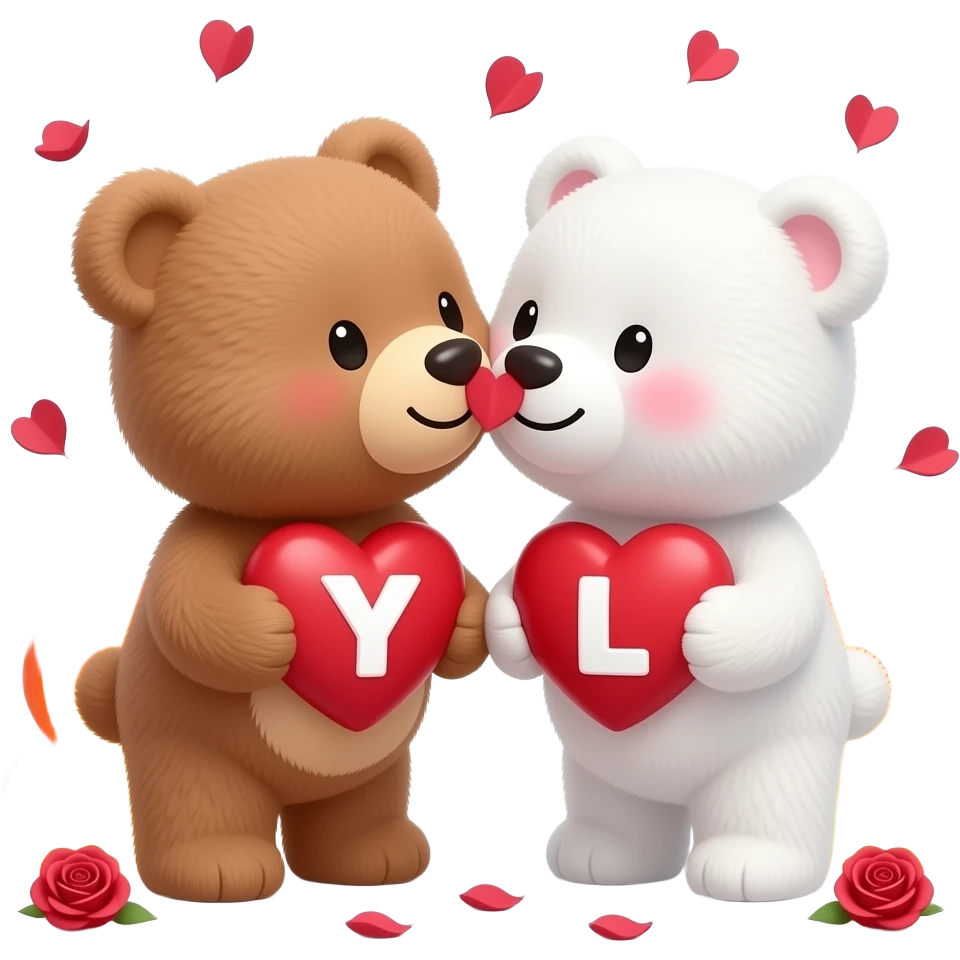 I want one light brown bear teddy kissing on cheek white bear teddy both holding heart surrounded fire , both a little furry, the  white bear blushes and smiles , add letter Y to the heart of the brown bear and letter L to the heart of the white bear , rose petals falling from sky , passion emoji