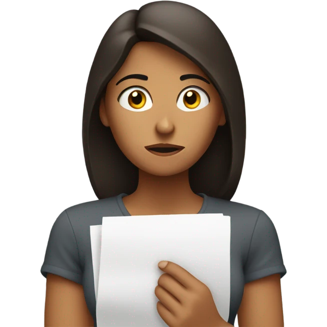 frustrated with doubts brunet woman with a paper on hands emoji