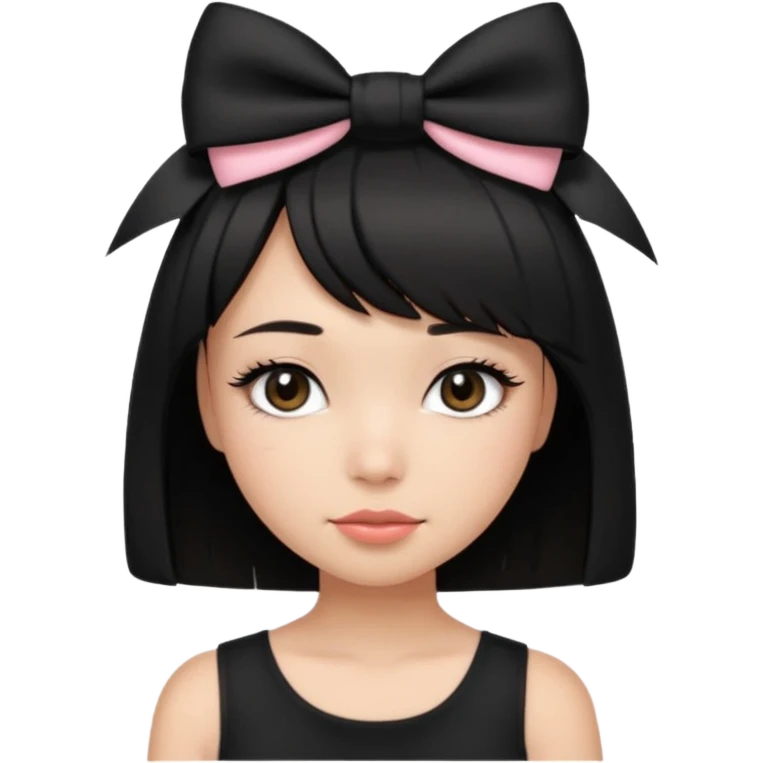 Girl with black cute bob cut with a black top and a bow on her head with long lashes emoji