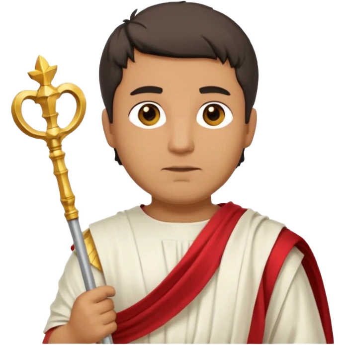 An emoji portrait of a Roman patrician. He wears a flowing white toga with a red stripe. He has a dignified expression and holds a golden scepter. emoji