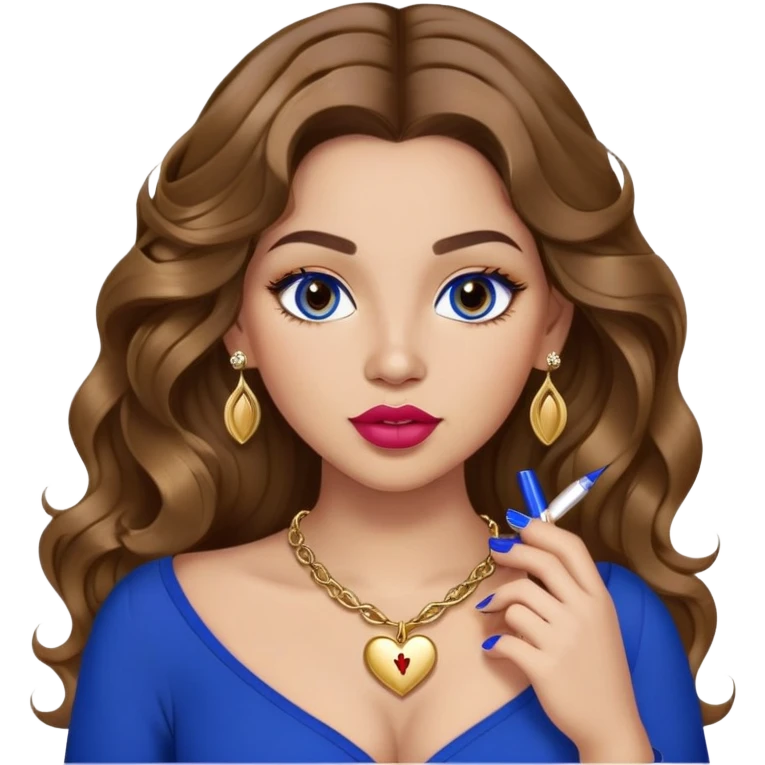 Light skinned girl, long wavy brown hair center-part with face framing pieces, big hazel eyes, gold heart necklace and earrings, royal blue long sleeve top, prominent blush, sassy, big lips, fancy long acrylic nails done, holding lipstick. She is curvy emoji