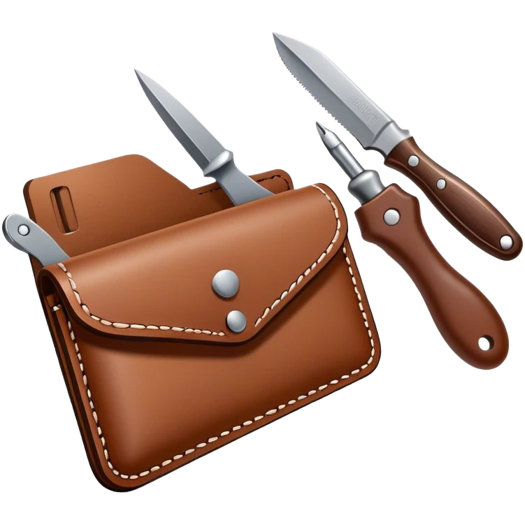 Leatherworking icon, raw leather being crafted into a leather wallet or belt, professional tools like stitching awl, rotary cutter, mallet, pricking iron, minimalistic style, clean lines, transparent background. emoji