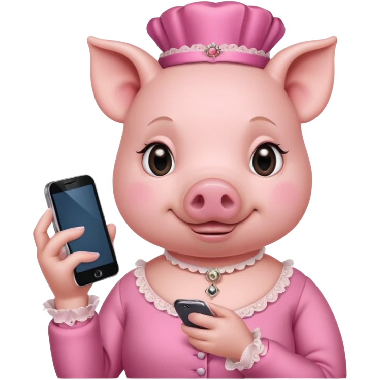 girl pig in victorian pink finery scrolling on a cell phone emoji