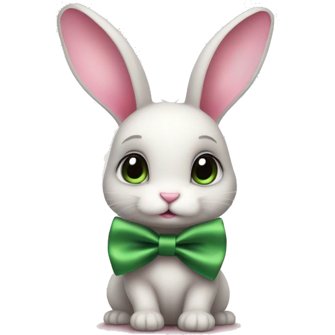 cute cartoon-style small bunny with long ears, a pink bow on its head, and a green satin bow tie around its neck. It appears to be sitting down and has a soft, innocent expression, giving it a charming and gentle appearance. emoji