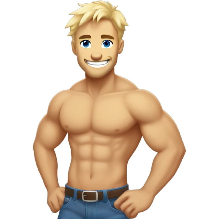 Full body, abs, pecs, shirtless male hyena muscular, good looking, blue eyes, blonde hair, smile, teeth emoji