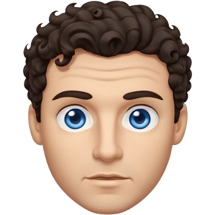 A man emoji with light skin, wavy dark brown hair styled with a curl falling on his forehead, thick dark eyebrows, striking blue eyes, a straight nose, and a clean-shaven face with a neutral expression. emoji