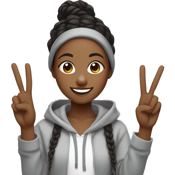a black girl with dark brown braids and a light grey hoodie smiling and holding up peace signs for a selfie  emoji