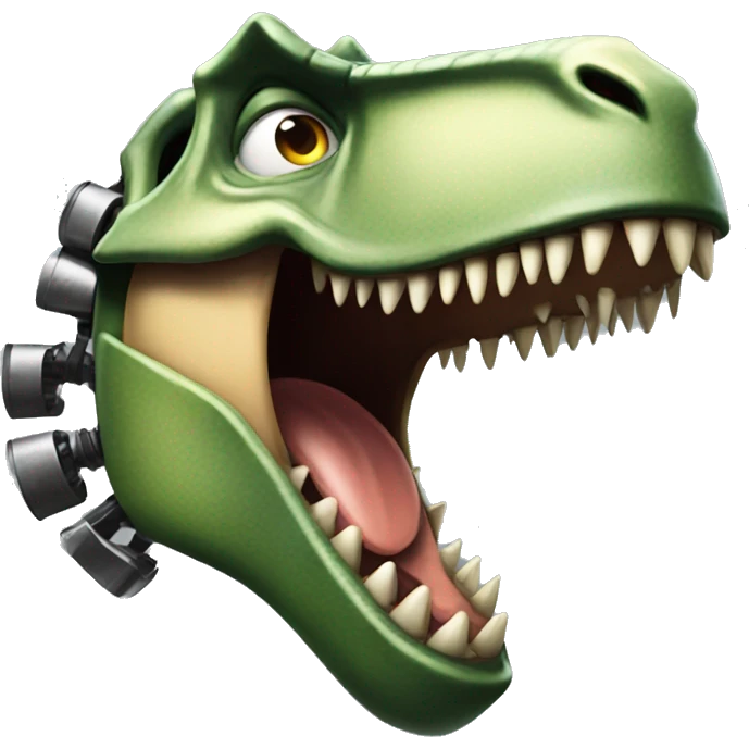 A mechanical Tyrannosaurus rex laughing out loud emoji