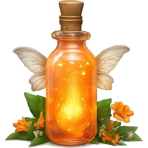 Orange magic fairy light sparkling old Antique bottle with poison and with herbal and flowers emoji