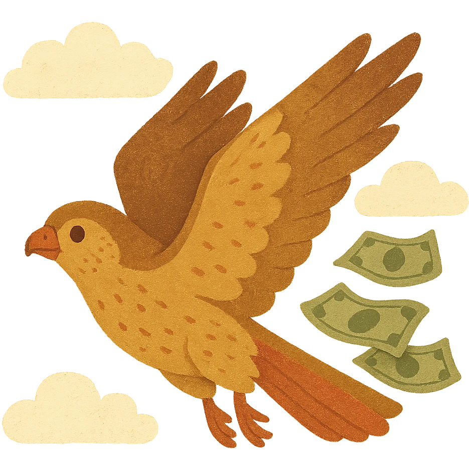 falcon flying with money bills trailing, flat modern style, bright saturated colors golds greens reds, minimal but expressive, universal look emoji