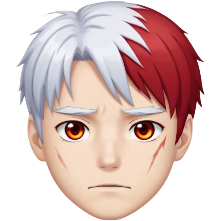 Shoto Todoroki face only, left side white hair, right side red hair, heterochromatic eyes, burn scar on left side of face, serious expression emoji