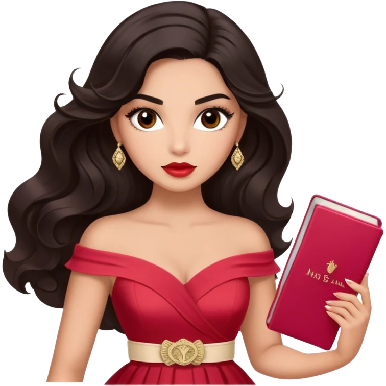 A woman with lighter almond-toned skin, voluminous dark hair in waves, expressive eyes with soft lashes and shimmer, full lips with a glossy nude-pink color, wearing a red dress and a white crossbody sash with “Miss San Juan” in black letters, exuding elegance and confidence. emoji
