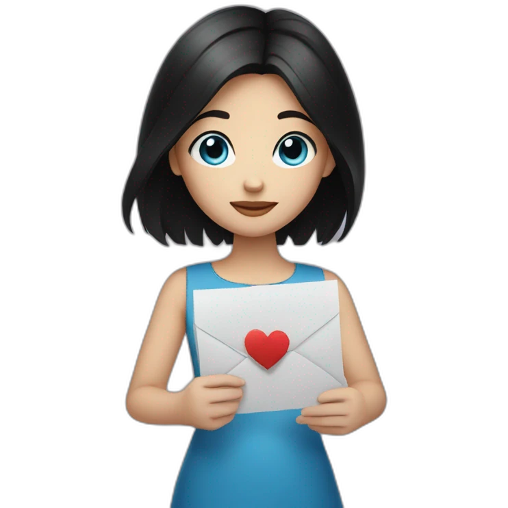girl with black hair and blue eyes holding a love letter emoji