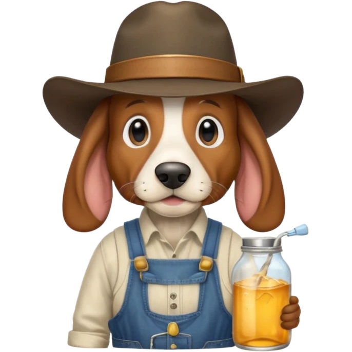 toothless hillbilly basset hound wearing a stetson and dungarees carrying moonshine emoji