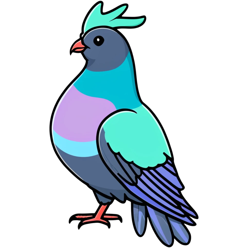Nicobar pigeon with colorful iridescent feathers, long neck and distinctive white tail emoji