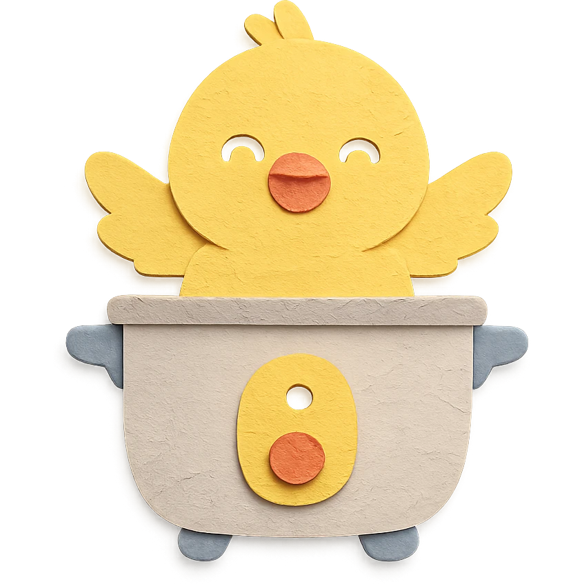 chibi egg cooker chick popping out of the lid, smiling brightly, soft yellow tones, full-body emoji
