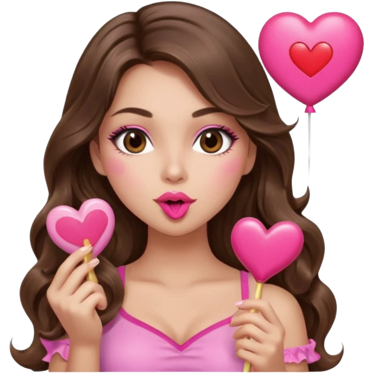 girl with long wavy brown hair, brown eyes, long lashes makeup, sexy pink lips, light to medium complexion, wearing a pink sexy top, blowing a kiss, heart lillipop emoji