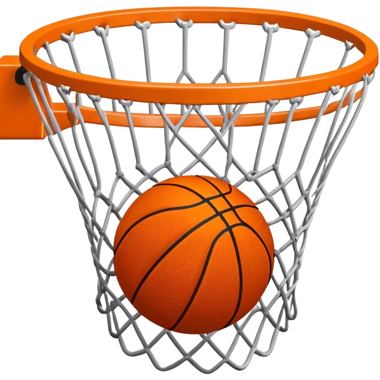 Simple orange basketball with NBA logo caught in basketball net from below perspective, iOS emoji style emoji