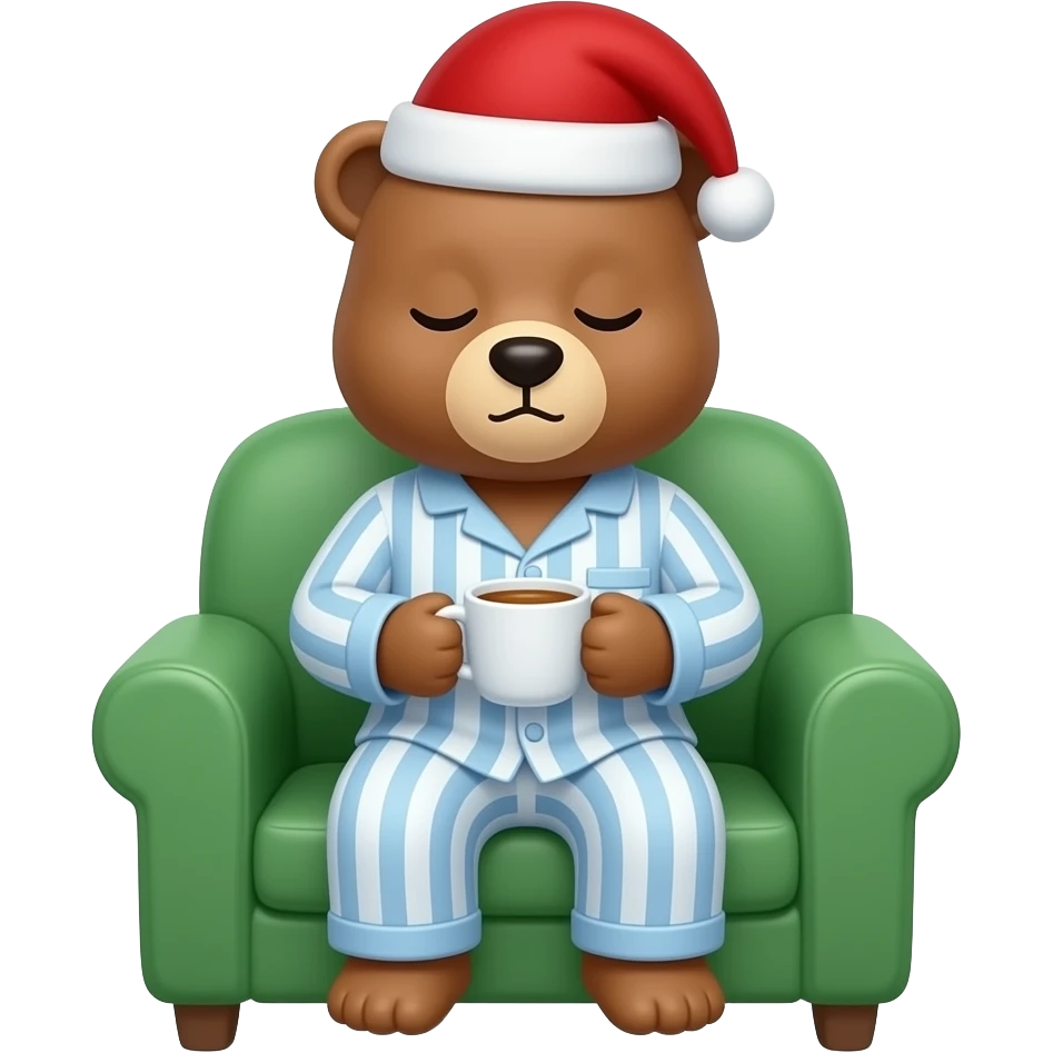 Three quarters view of an anthropomorphic Sleepy bear in green sofa chair holding a cup of hot tea depicted in a long light blue and white striped nightshirt and red nightcap with a red Pom Pom at the end of it emoji