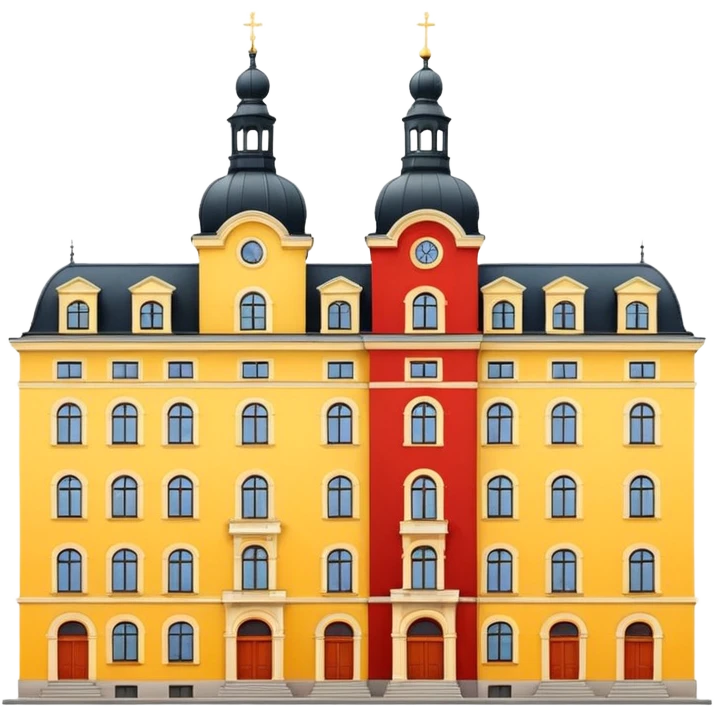 two colorful historic buildings in Stockholm, yellow and red emoji