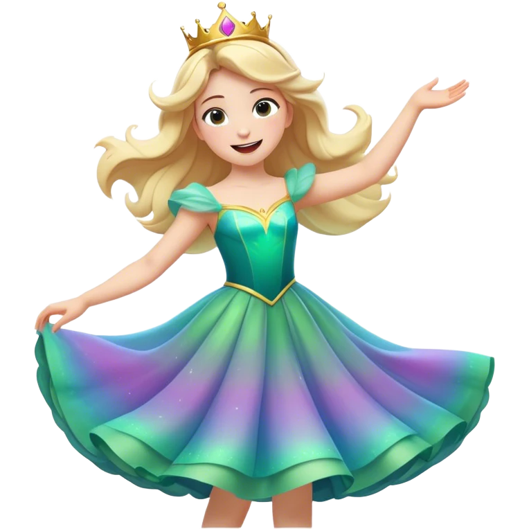 Cinematic Playful Aurora Portrait Emoji, Spinning in her dress, arms gracefully extended, eyes filled with laughter, exuding joy and charm, a princess dancing through her dreams! emoji