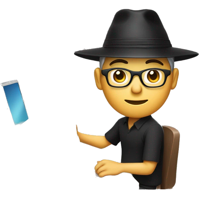 A memoji-style man, wear nearsighted glasses, a traditional Vietnamese conical hat , black shirt, sitting at a desk, a cup of coffee on desk, typing on keyboard, laptop in front emoji