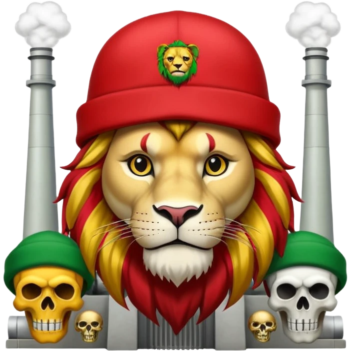 Create a power station with a rasta cap on with red gold green grafite of a lion and skulls with Fred the fossibot written on it emoji