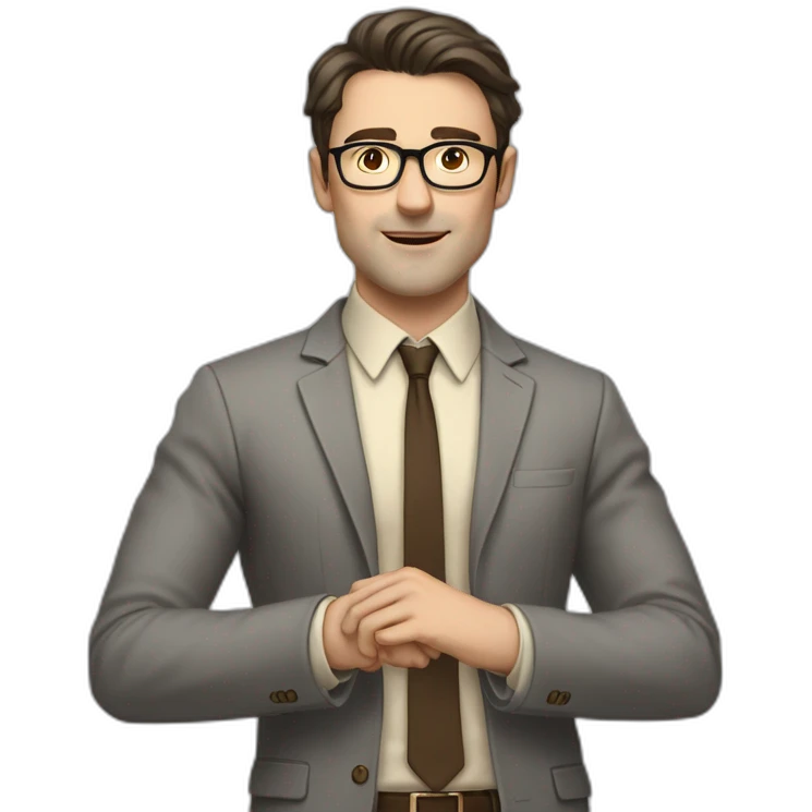 Full height Actively gesturing with hands Pale skinned fit man with dark brown hair in gray jacket, beige office shirt, brown tie, brown pants and vintage glasses. emoji