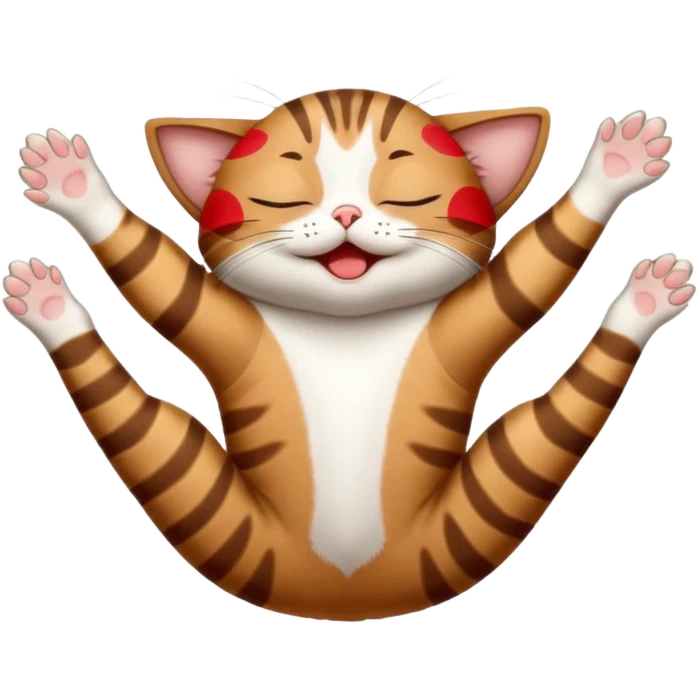 dark brown tabby and white small cat in funny positions upside down with eyes closed emoji