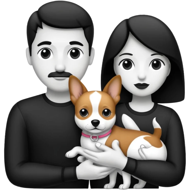Pareja hombre y mujer, y con dos perritos pincher en sus brazos, puedes hacerlo en blanco y negro  emoji