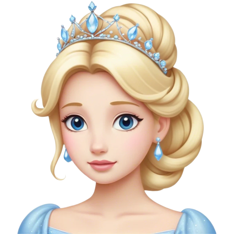 Cinematic Majestic Cinderella Portrait Emoji, rendered in a realistic, vector-style with clean, bold shapes. Depict Cinderella with a refined, noble expression, her fair skin luminous and her long blonde hair styled in an elegant updo, adorned with a delicate tiara. Her attire is a simple, sparkling ball gown that radiates soft pastel hues, glowing with a soft, majestic light and a subtle glowing outline, epitomizing classic royal beauty. emoji
