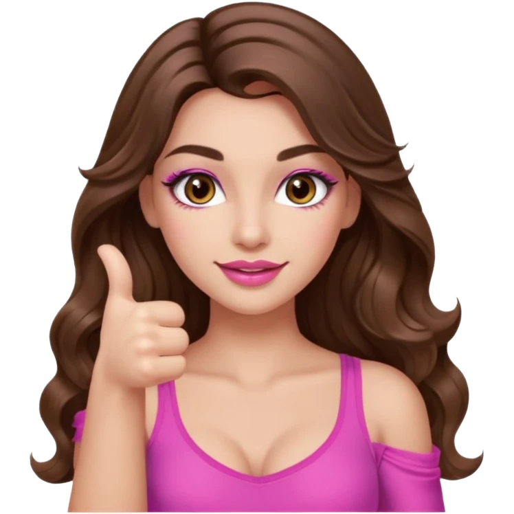 girl with long wavy brown hair, brown eyes, long lashes makeup, sexy pink lips, light to medium complexion, wearing a pink sexy top, thumbs up emoji