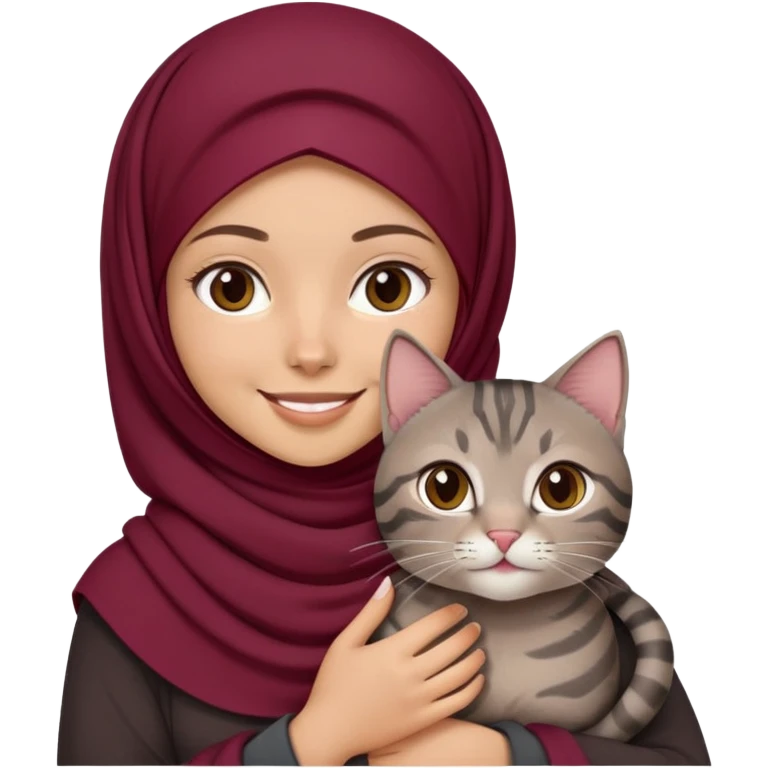 White girl wearing maroon hijab smiling while holding a black grey tabby cat emoji