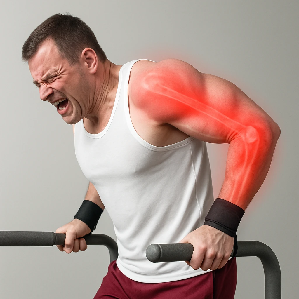 A hyper realistic depiction of a man performing a dip exercise with joint stress highlighted: shoulder, arm, and elbow are emphasized in red with a soft halo effect. The man's face shows an expression of pain. Anatomical details are clear, set in a clinical atmosphere with a neutral background. emoji